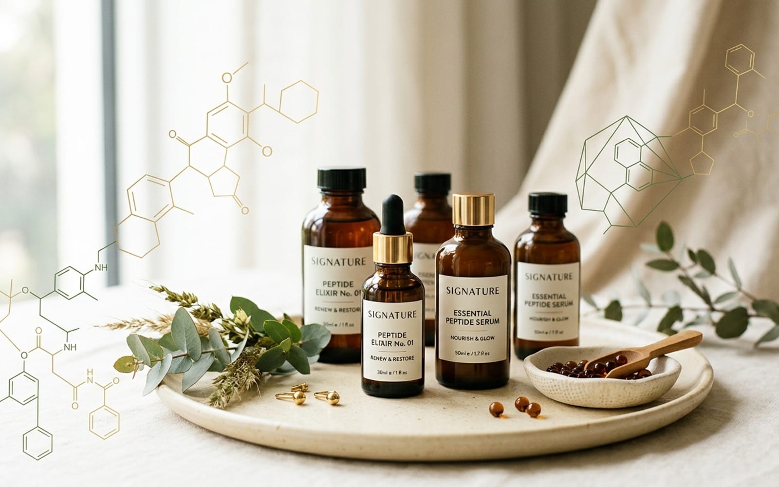 Abstract molecular structures and apothecary bottles — Signature luxury peptide wellness